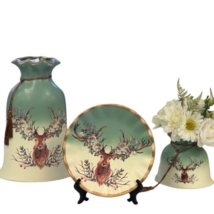 Ceremic Set of 3 Deer Head Vase and Plate S091