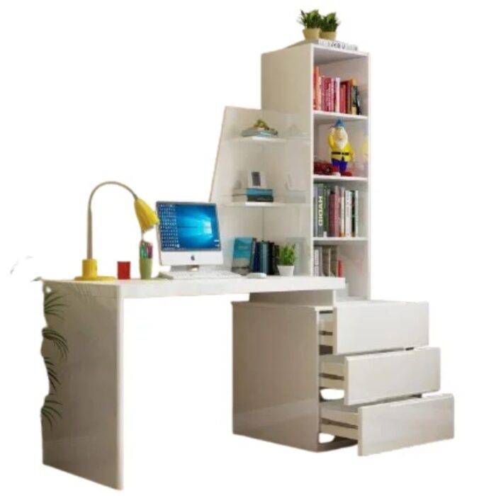 Gloss White Computer Study Desk with Bookshelf W2309